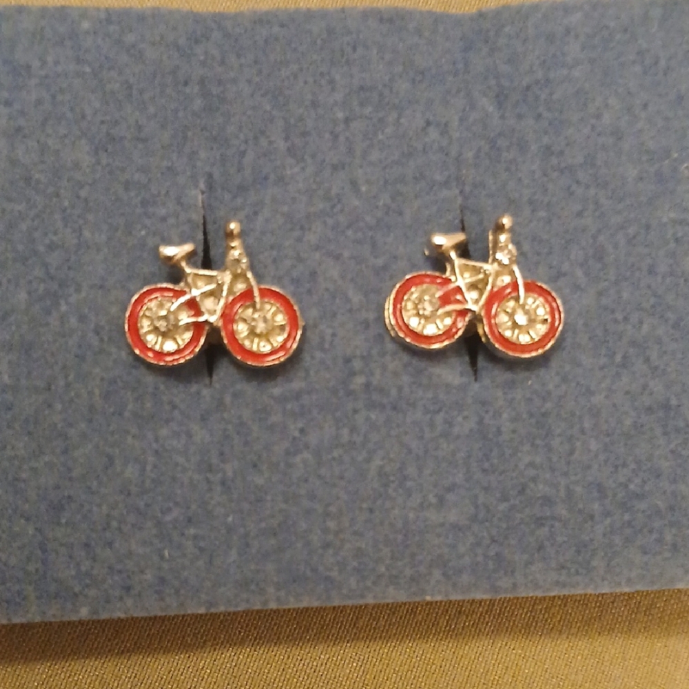 Red and Goldtone Bicycle Pierced Earrings